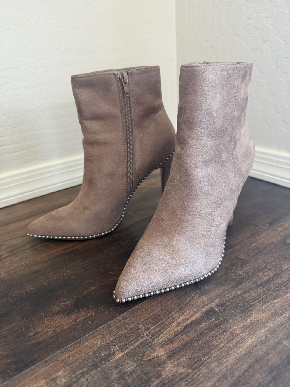 Women's Taupe Suede Pointed-Toe Ankle Boots with Studded Trim